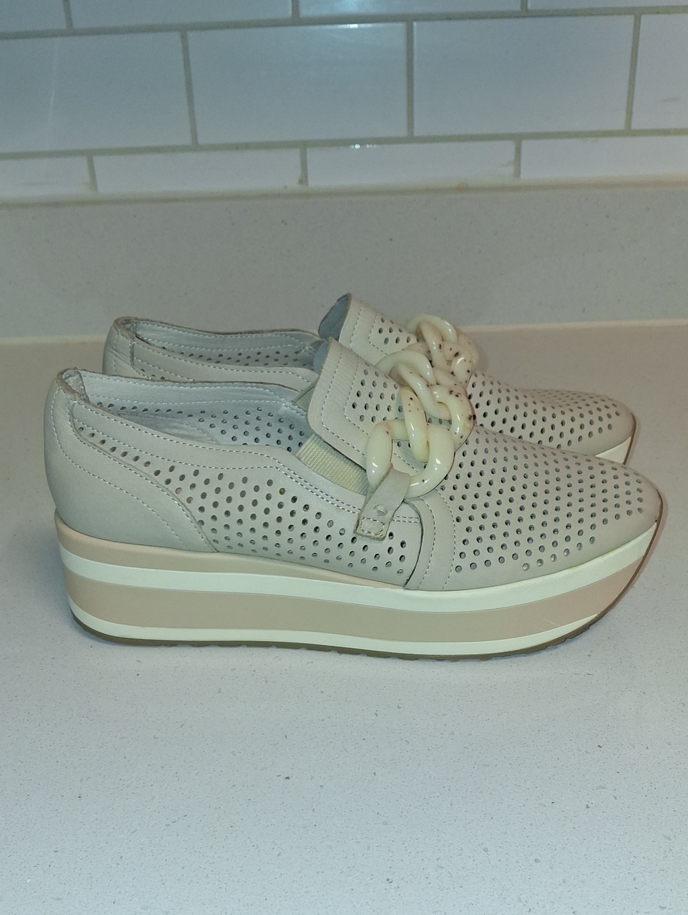 Dolce Vita Cream Platform Perforated Slip-On Loafers with Chain